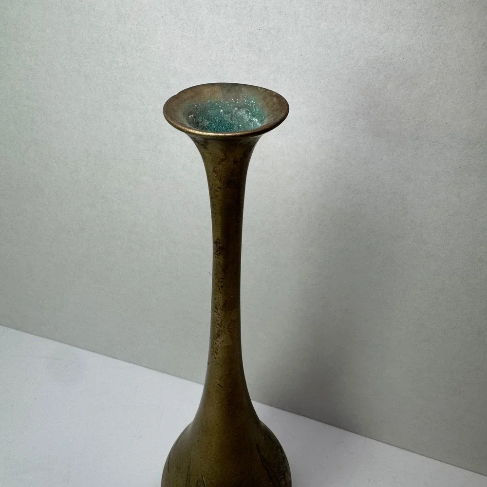 Vintage Solid Brass Bud Vase Tall Etched Floral Design Decorative Accent MCM EUC
